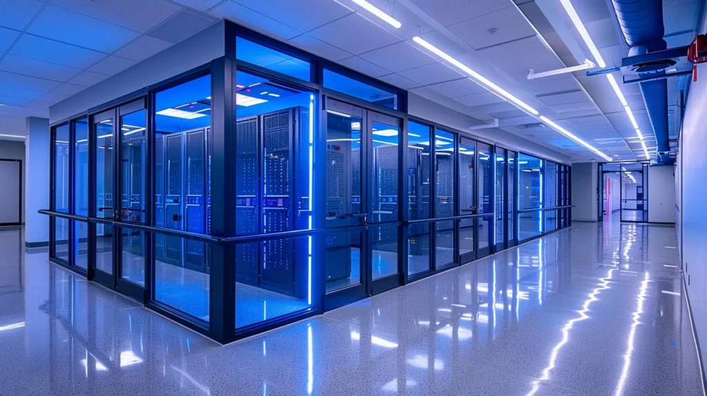 clean, modern IT datacenter with racks of blue servers inside a glass room